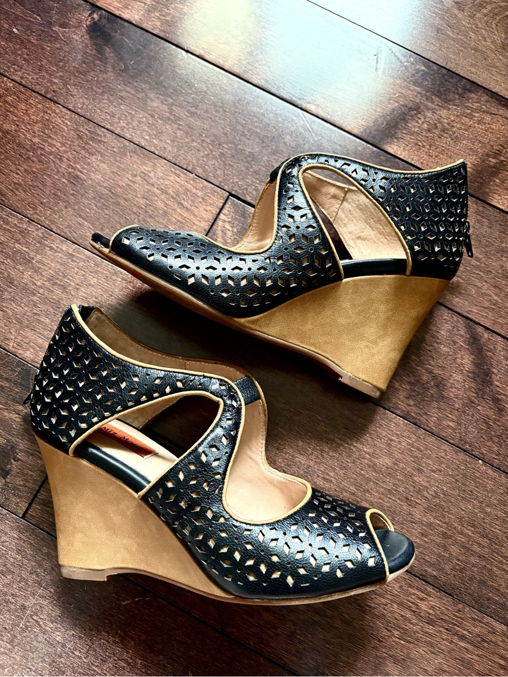 Black and Tan Leather Cutout Peep-Toe Wedge Sandals